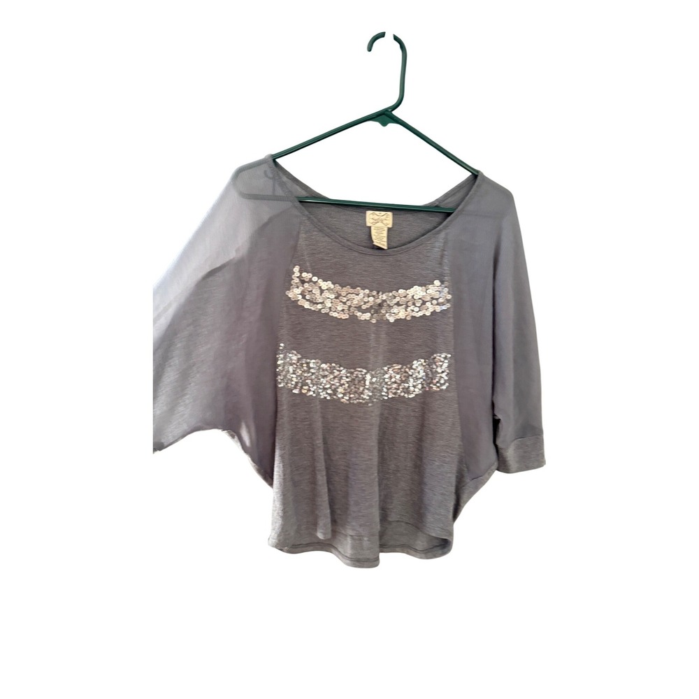 Eyelash Y2k Grey Sequin Batwing Sleeve Top‎ Mixed Media Scoop Neck Medium
